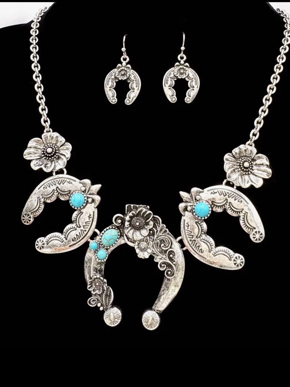Turquoise Accent Silver Squash Blossom Necklace & Earrings - Unbranded